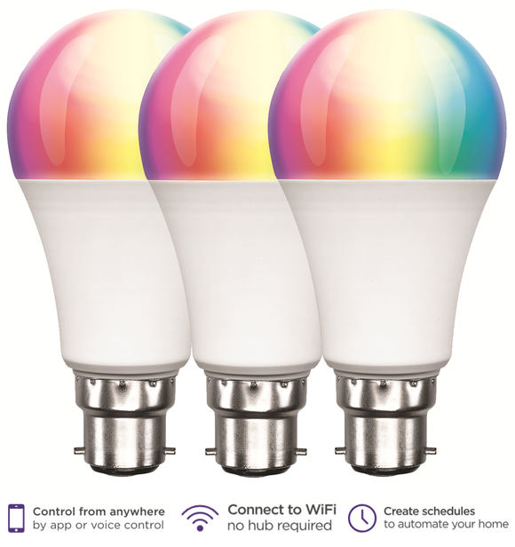 3 pack of Brilliant Smart Lighting LED RGB Globe B22 base